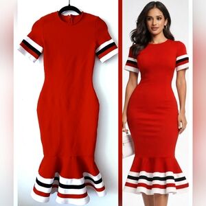 Red Bodycon Midi Dress RETRO Pin Up  Mermaid Ruffle Hem Stretch Women's Size S